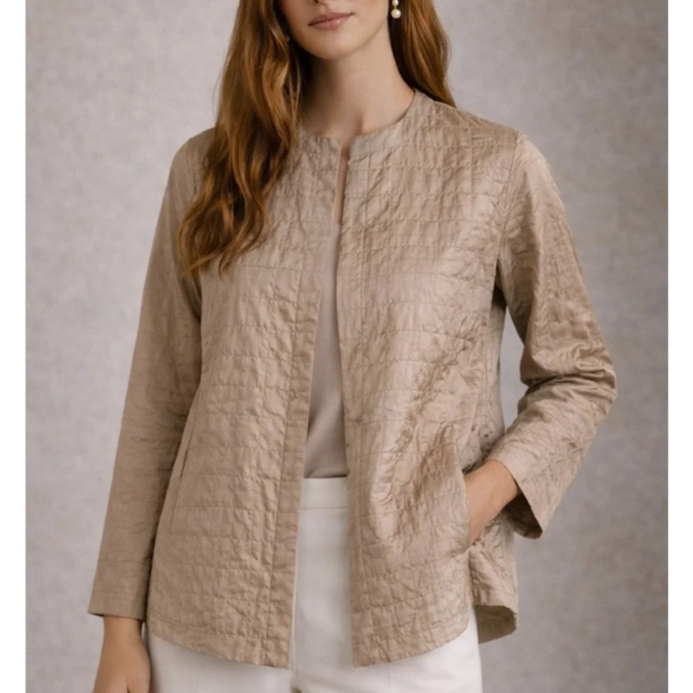 Eileen Fisher 100% Silk Quilted Snap Jacket Brown Quiet Luxury Minimalist XS